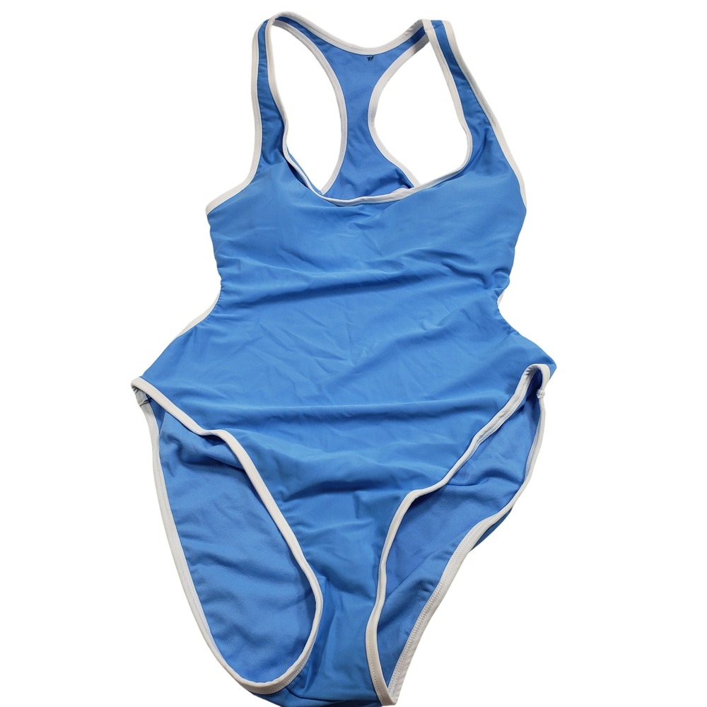 Wild Fable Women One Piece Swimsuit Large Blue White Trim‎ Cut Out Racerback